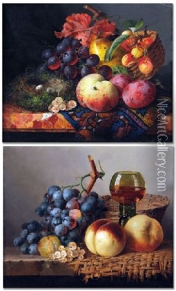 Still Life Of Mixed Fruit, Basket, Wine Glass And Birds' Nest On A Marble Ledge (study) (+ Another; Pair) Oil Painting - Edward Ladell