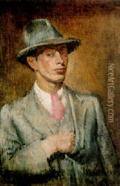 Self Portrait In A Trilby Hat Oil Painting - Isaac Rosenberg