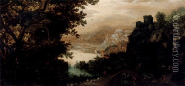 A Panoramic Wooded River Landscape With A Shepherd Herding His Flock Of Sheep Over A Bridge In The Foreground Oil Painting - Gillis Van Coninxloo III