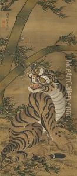 Tiger And Bamboo Oil Painting - Shokatsukan