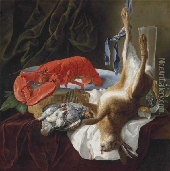 A Hare, A Partridge, A Lobster And A Partially Peeled Lemon In A Roemer On A Partly Draped Table, In An Interior Oil Painting - Jan Fyt