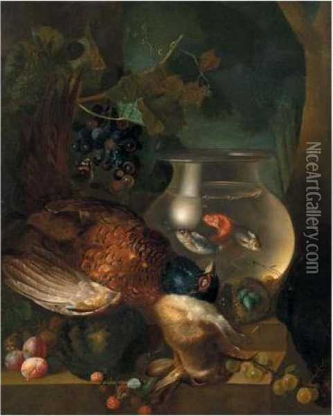 A Still Life Of A Pheasant, A 
Rabbit, A Goldfish Bowl, A Bird's Nest, A Melon, Plums, Gooseberries And
 Raspberries, All Arranged Upon A Stone Ledge Oil Painting - Jan van Os