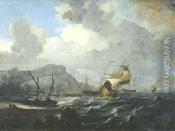 A coastal landscape with Dutch frigates in a fresh breeze Oil Painting - Dutch School