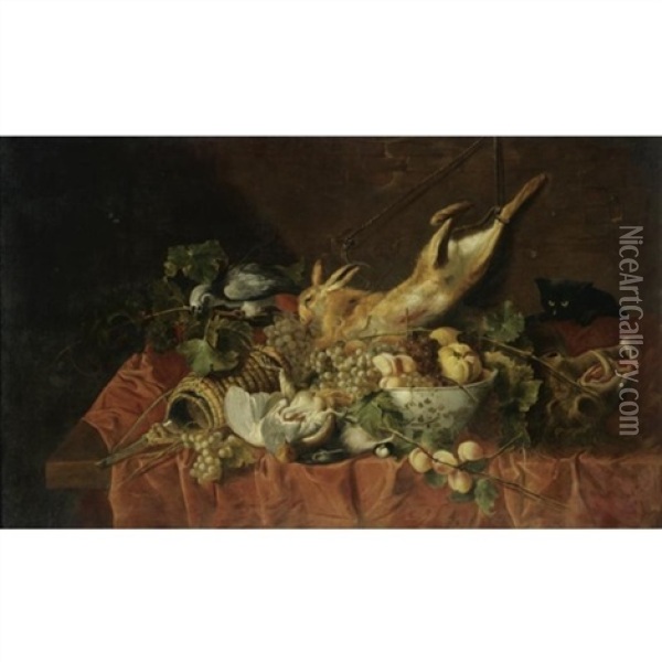 A Still Life With A Hare, A Partridge, A Bowl Of Fruit, A Boar's Head, A Flagon Of Wine, A Black Cat And A Grey Parrot, All Arranged On A Table Draped With A Red Cloth Oil Painting - Jan Fyt