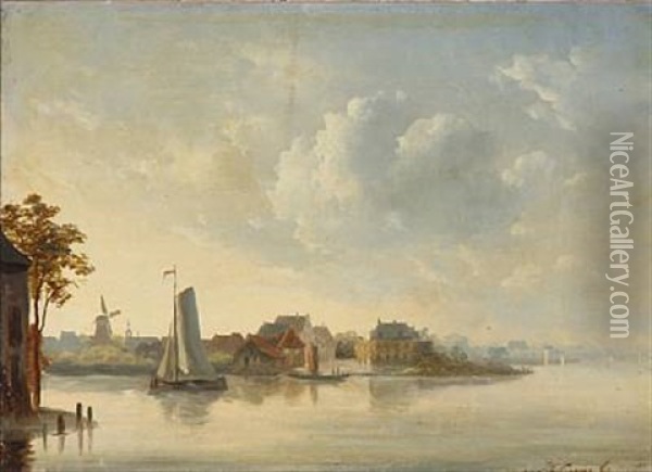 View Of A Dutch Canal Oil Painting - Johan Conrad Greive