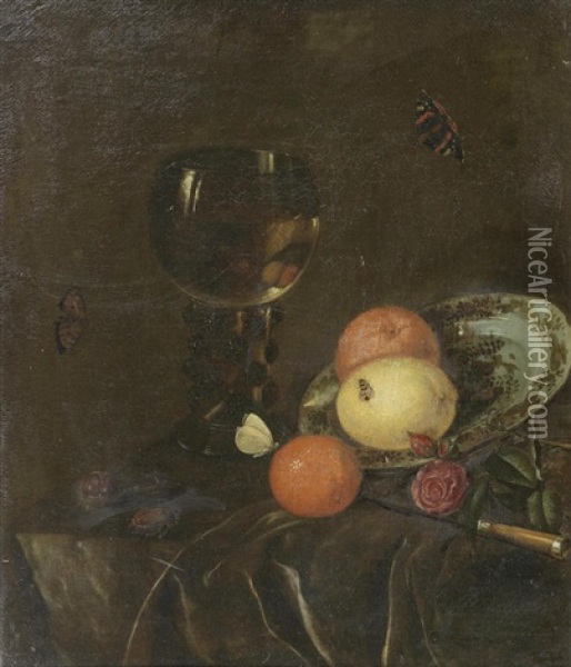 Oranges And Lemons On A Porcelain Plate, A Roemer Filled With Wine, Chestnuts, Roses And Insects On A Draped Table Oil Painting - Daniel Vertangen