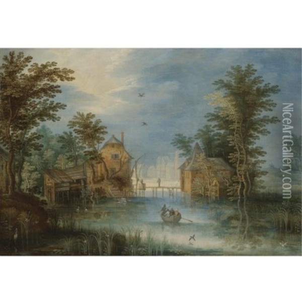 A River Landscape With Figures In A Rowing Boat Before A Village Oil Painting - Jan Brueghel the Elder