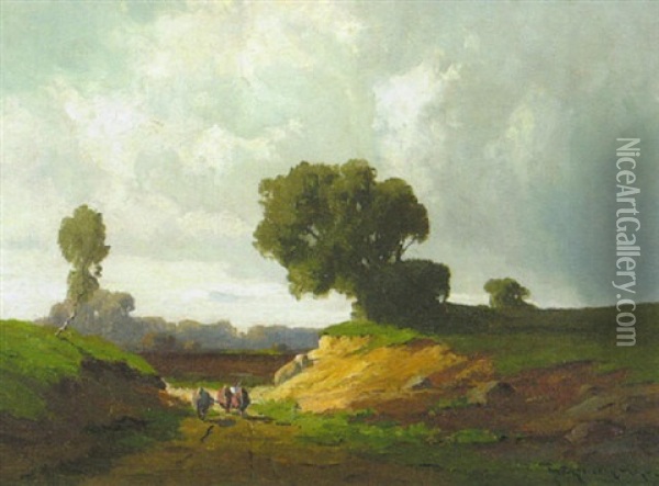 Bei Aubing Auf Einem Hohlweg Eine Bauerin Mit Vieh Oil Painting - Josef Muehlbeck