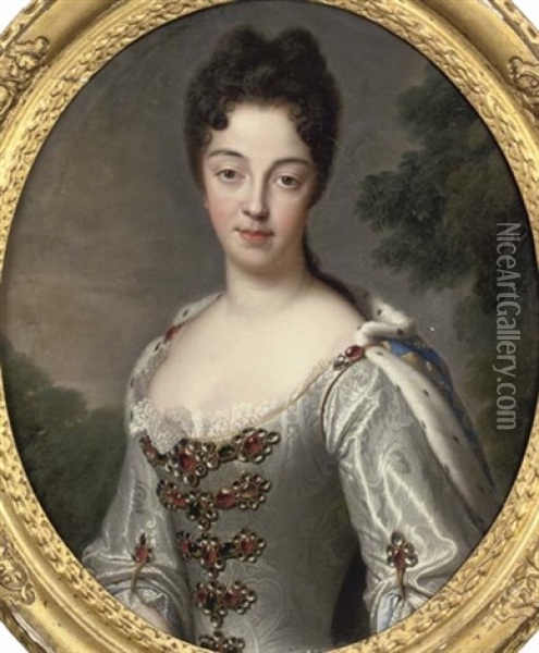 Portrait Of Marie-adelaide Di Savoia, Duchess Of Burgundy In A Bejewelled Silver Damask Dress With Lace Trim, And Ermine And Blue Robe Embroidered Wit Oil Painting - Jean-Baptiste Santerre