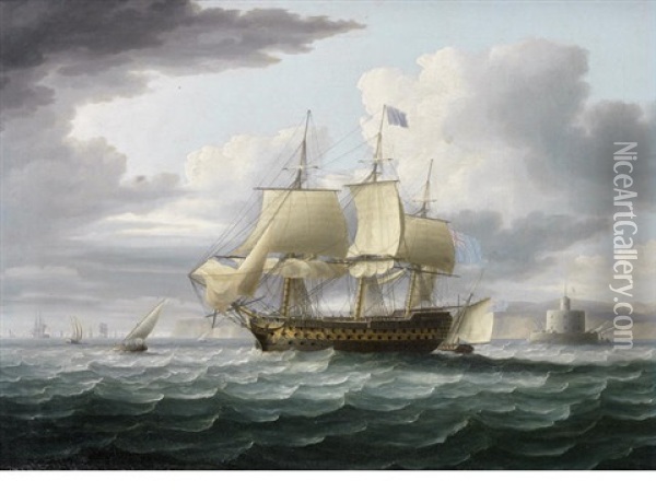 Admiral Lord St. Vincent's Flagship Ville De Paris Hove-to, But About To Get Underway Again Having Dropped Her Pilot Off The Bugio Lighthouse At The Mouth Of The Tagus Oil Painting - Thomas Buttersworth