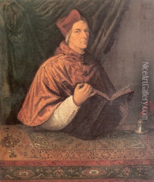 Portrait Of Cardinal Domenico Grimani (1461-1523), Seated   Three Quarter Length, Holding A Book Before A Table Oil Painting - Domenico di Bernardino Capriolo
