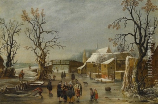 A Winter Scene With Figures Skating Oil Painting - Esaias van de Velde the Elder