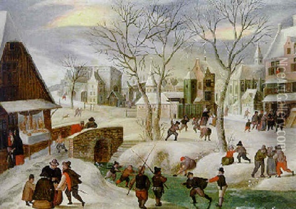 A Town In Winter With Peasants Skating On A Frozen River Oil Painting - Abel Grimmer