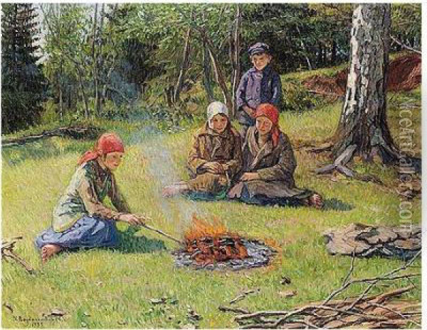The Campfire Oil Painting - Nikolai Petrovich Bogdanov-Belsky