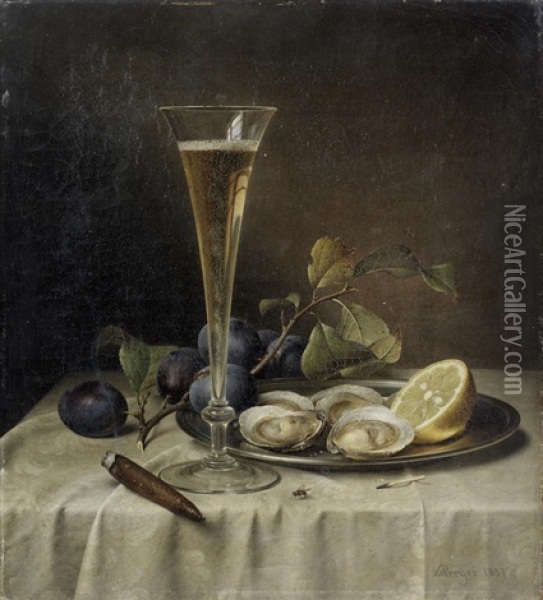 Still Life With Champagne And Oysters Oil Painting - Johann Wilhelm Preyer