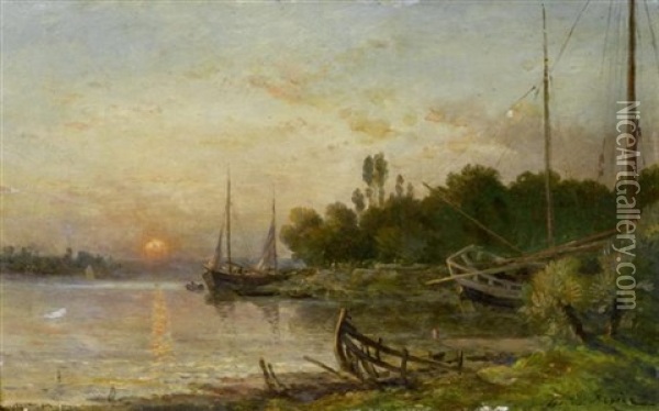Flusslandschaft Mit Booten Im Sonnenuntergang Oil Painting - Jules Charles Rozier