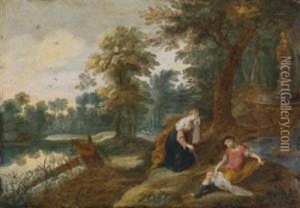 A Landscape With Pyramus And Thisbe Oil Painting - Jasper van der Lamen