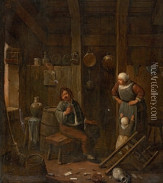 Interieur Mit Frau, Kind Und Biertrinkendem Mann Oil Painting - Cornelis Pietersz Bega