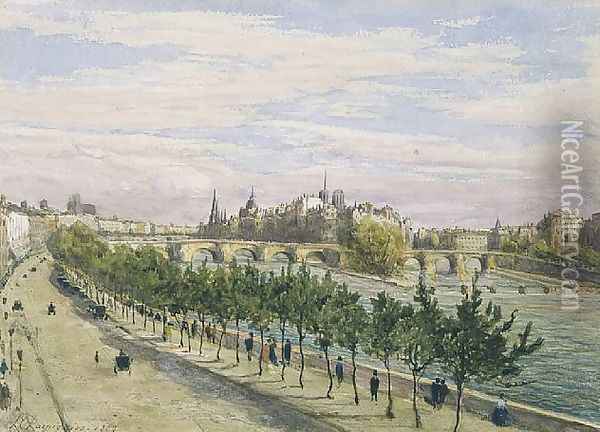 La Seine et l'Ile de la cité vue du quai du Louvre Oil Painting - Henri-Joseph Harpignies