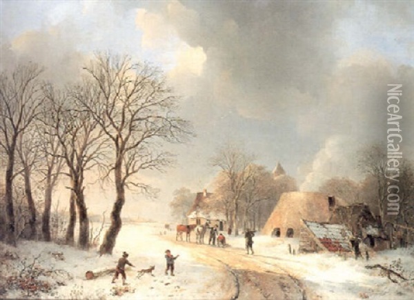 Winter Landscape With Figures By A Kiln Oil Painting - Cornelis Gerrit Verburgh