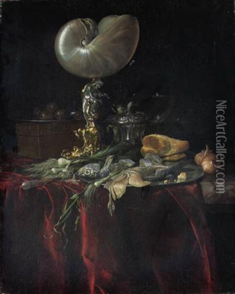 A Nautilus Cup, A Pickled 
Herring And A Fillet On A Pewter Platewith A Fly, Onions And Leeks, 
Cloves In A Pewter Cup, A Roemer, Acrystal-handled Knife And Olives On A
 Pewter Plate On A Box, On Apartly Draped Marble Shelf Oil Painting - Willem Van Aelst