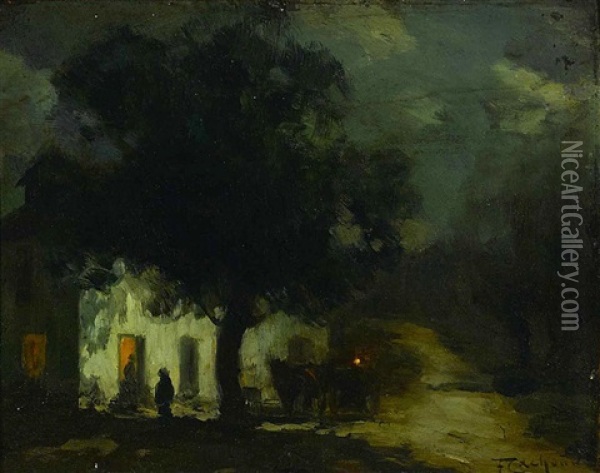 A Moonlit Scene With A Figure And A Cow Watering At A Pond; A Nocturnal Scene With Figures In Front Of An Inn (2) Oil Painting - Francois Charles Cachoud
