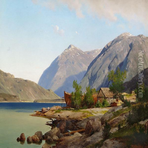 View Of A Norwegian Fiord With A Small Boatyard Oil Painting - Johan Frederick Eckersberg