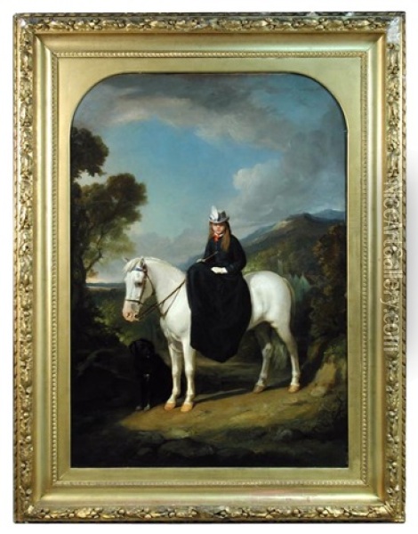Portrait Of Miss Chisholm Of Stirches House, Hawick, In The Scottish Borders, On Her Grey Highland Pony 'punch', With Her Black Retriever Beside Her Oil Painting - Thomas Jones Barker