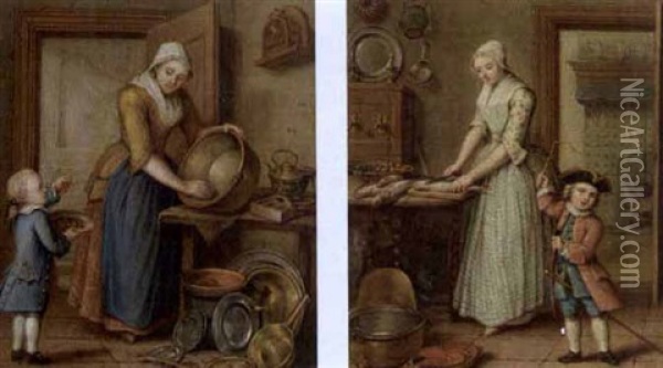 A Woman Cleaning Pots In An Interior With A Boy Eating Cherries (+ A Woman Preparing Fish In A Kitchen And A Child Playing; Pair) Oil Painting - Abraham Hendrik van Beesten