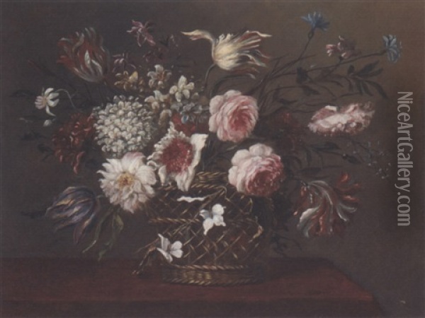 Parrot Tulips, Narcissi, Roses And Other Mixed Flowers In A Basket On A Table Oil Painting - Pieter Hardime