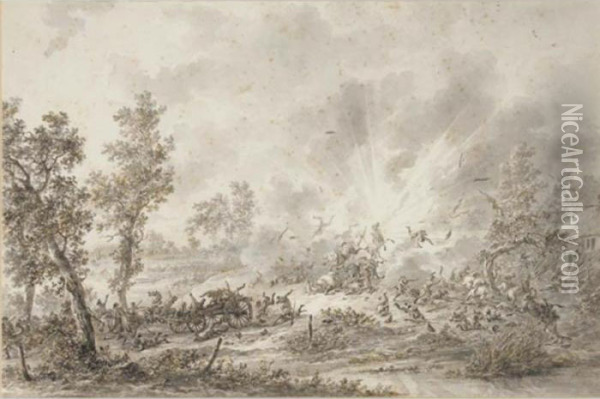 A Military Convoy Surprised By An Explosion Oil Painting - Dirck Langendijk