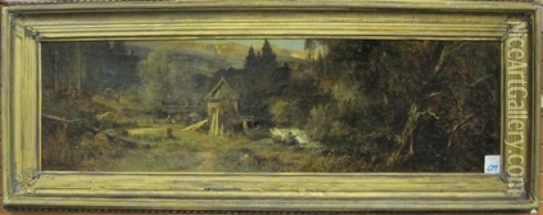 Landscape With Two Men Hailing Horse Drawn Wagon As Woman With Two Children Watch, Cabin With Nearby Stream, Mountains In The Distance Oil Painting - Adolf Dressler