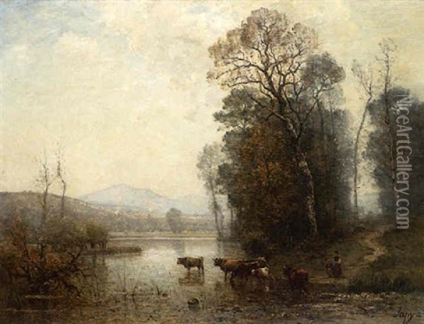 A Landscape With Cows Oil Painting - Louis Aime Japy