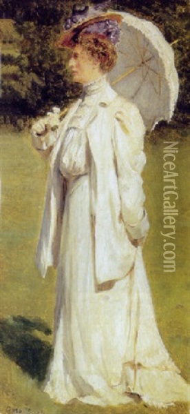 Ung Kvinde I Hvid Kjole Med Parasol Oil Painting - Otto Bache