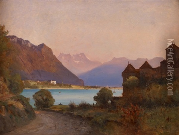 Chateau De Chillon Et Vue Sur Le Lac Leman Oil Painting - Gabriel Loppe