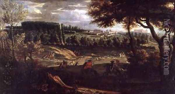 Louis XIV 1638-1715 Hunting at Marly with a a View of Chateau Vieux de Saint Germain Oil Painting - Pierre-Denis Martin