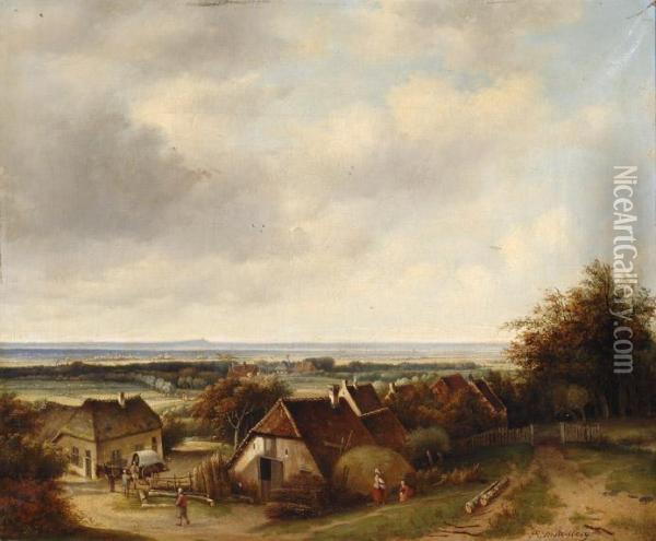 A View Of A Coast With Farms Oil Painting - George Pieter Westenberg