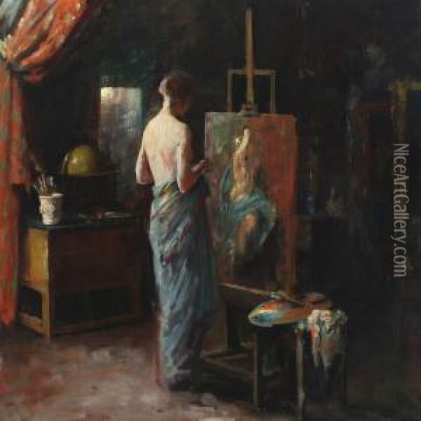 Interior From The Artist's Studio With A Female Nude Model Oil Painting - Herman A. Vedel