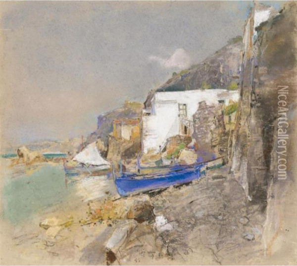 Barche Blu Sulla Spiaggia Oil Painting - Giuseppe Casciaro