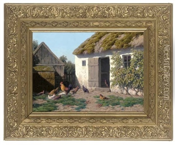 A Cockerel And Hens Feeding In A Farmyard Oil Painting - Carl Frederik Bartsch