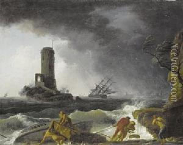 A Shipwreck In Stormy Seas With A Lighthousebeyond Oil Painting - Claude-joseph Vernet
