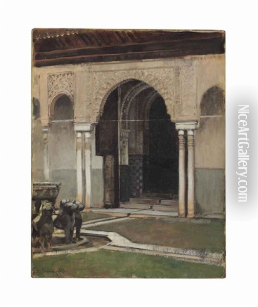 Teh Alhambra - Courtyard Of The Lions Oil Painting - Alberto Pasini