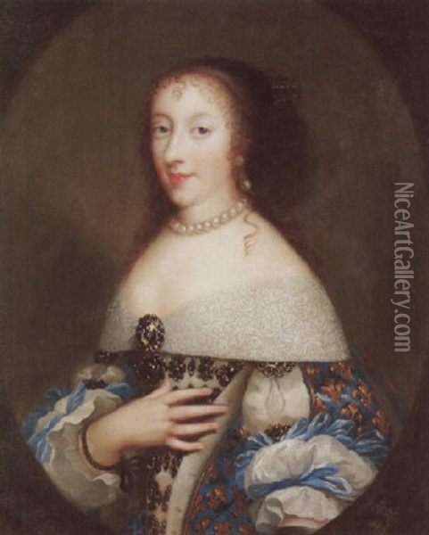 Portrait Of Henrietta Stuart, Wearing A Blue Dress And White Chemise Oil Painting - Pierre Mignard the Elder