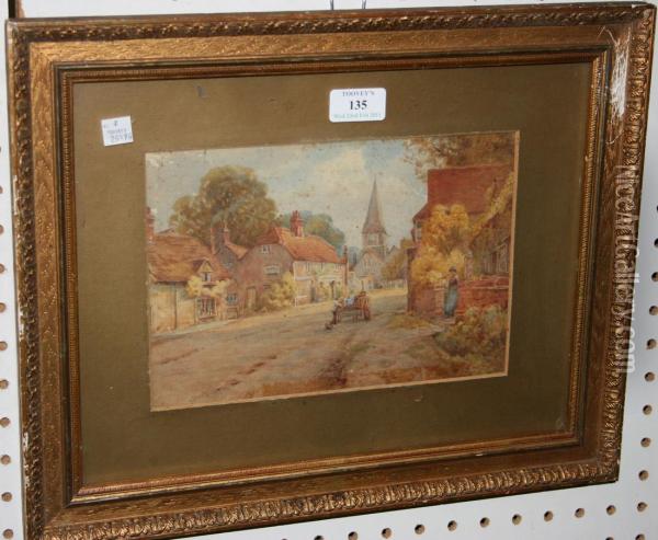 Landscape With Figure Andcottages Oil Painting - John Humphreys Johnston