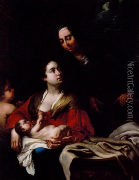 Maria Med Jesusbarnet Far Besog Af Elisabeth Med Johannes (doberen) Oil Painting - Bernhard Keil
