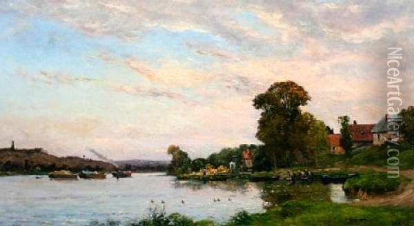 French River Landscape With Barges And Washerwomen Oil Painting - Hippolyte Camille Delpy