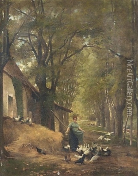 Bauersfrau Beim Futtern Der Huhner Oil Painting - Lionel Noel Royer
