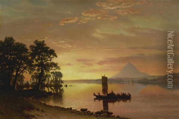 Indians Crossing The Columbia River (indians On The Columbia River, With Mount Hood In The Distance) Oil Painting - Albert Bierstadt