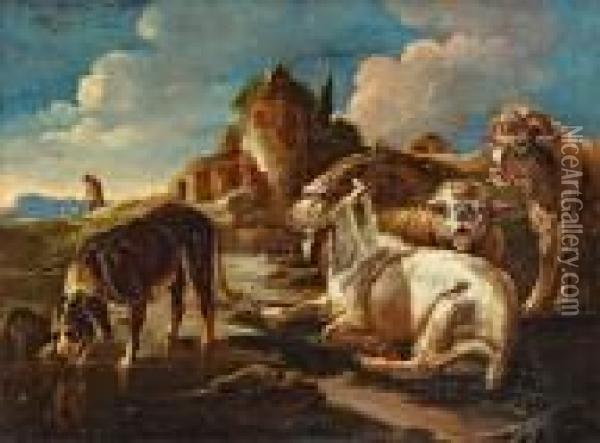Trinkender Hirtenhund, Ziegenbock Und Schafe Vor Einemcampagna-haus Oil Painting - Philipp Peter Roos