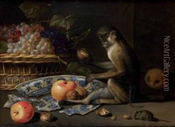 Natura Morta Con Cesto D'uva, Piatto Rotto Oil Painting - Pieter Van Boucle